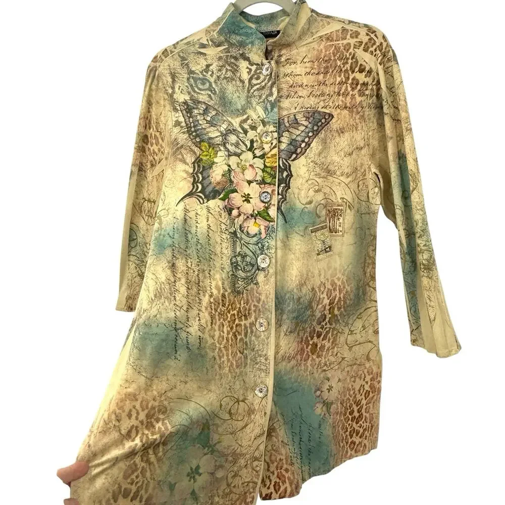 Faux Suede Butterfly Cat Print Tunic Top Women size Medium Button Up Y2K Artsy - Picture 3 of 11